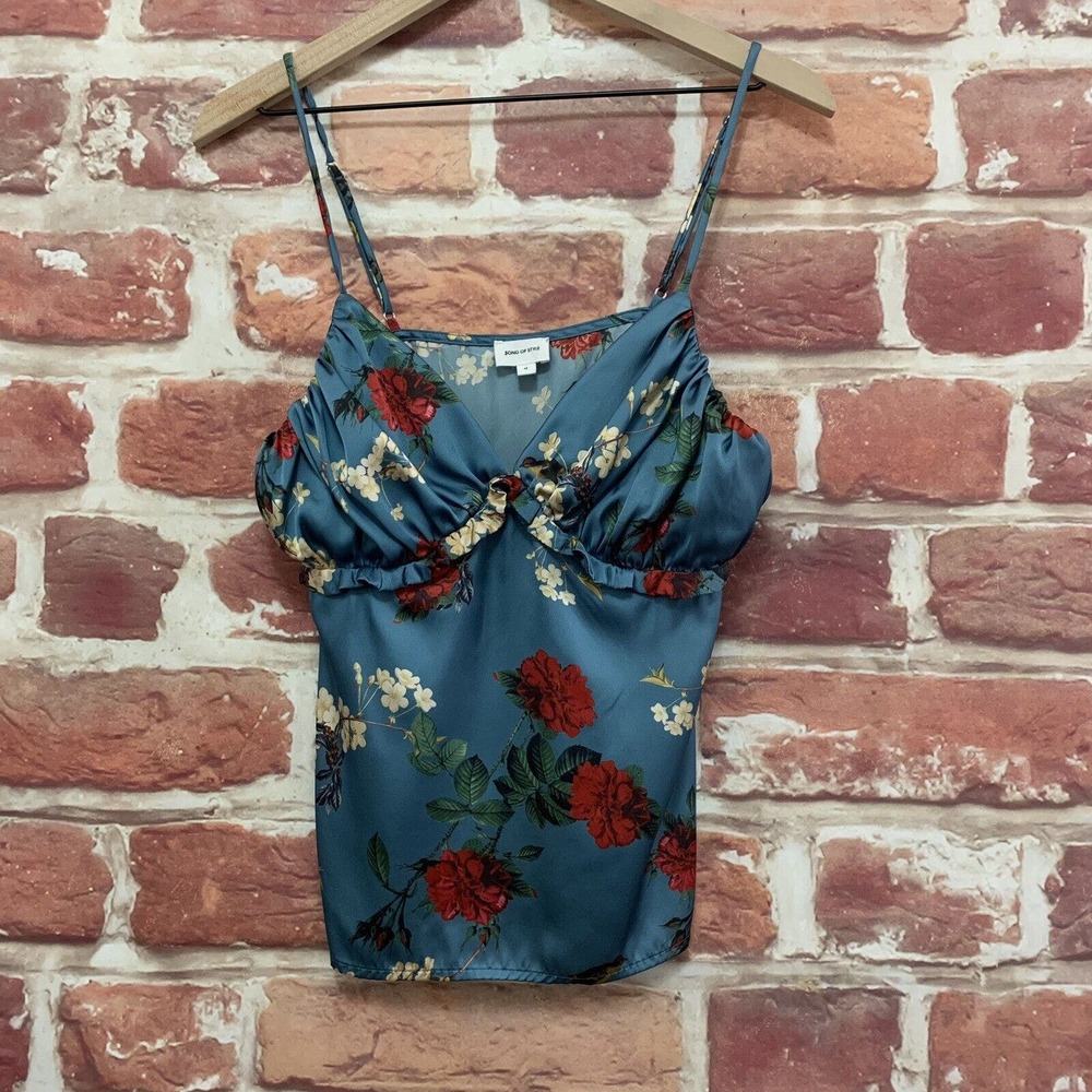 Song Of Style Top Women's Medium Blue Satin Floral Pullover Camisole Tank Blouse